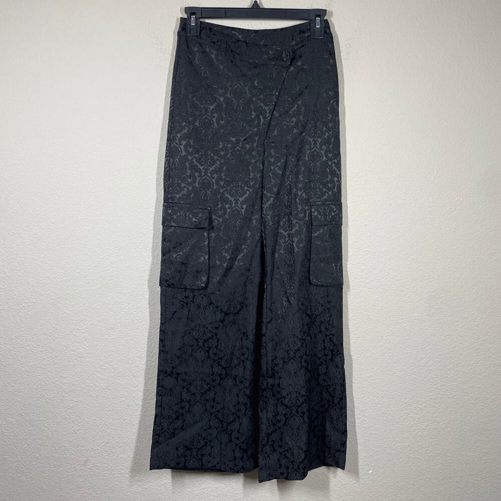 Cider XS Asymmetric Button Floral Brocade Wide Leg Cargo Pockets Pants Black